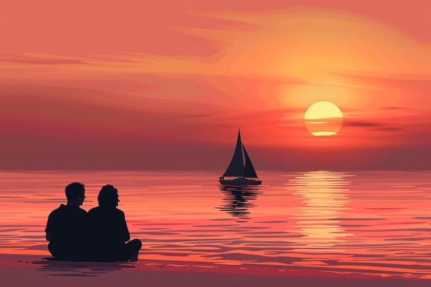 Vector sunset beach scene serene silhouettes