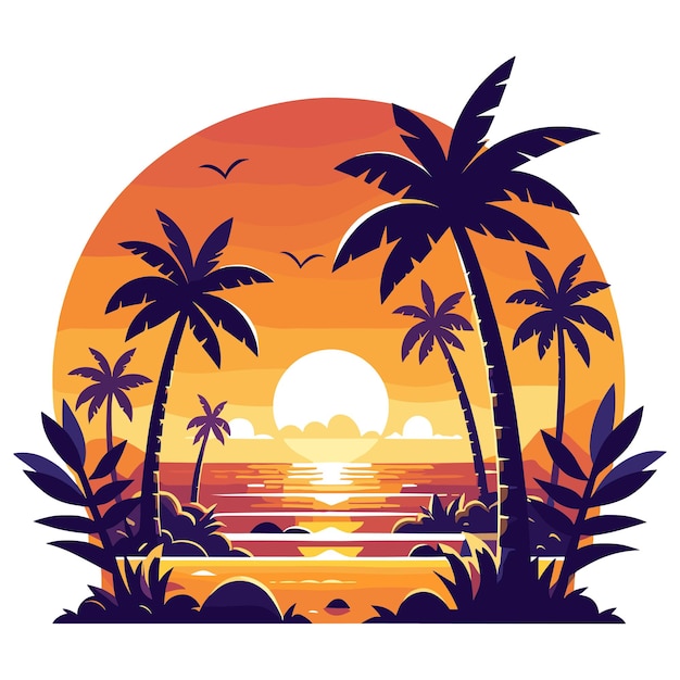 Sunset beach scene vector illustration in red and orange tones tropical theme perfect summer promo