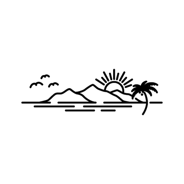 Sunset Beach Scene With Mountain And Coconut Trees Logo Design Inspiration