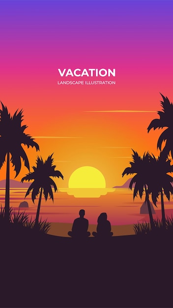 Vector sunset over the beach vector silhouette landscape illustration