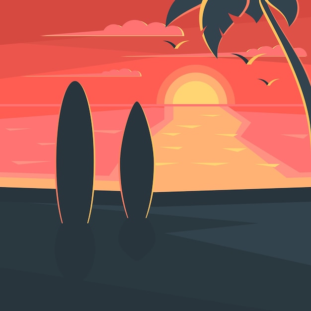 Sunset on the beach with surf and palm tree. Sea landscape.