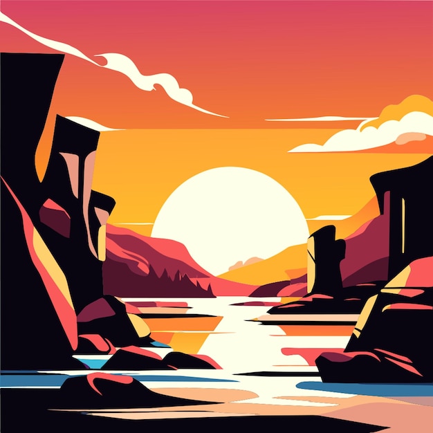 sunset in beautiful beach with rocks vector illustration doodle vector illustration flat 2