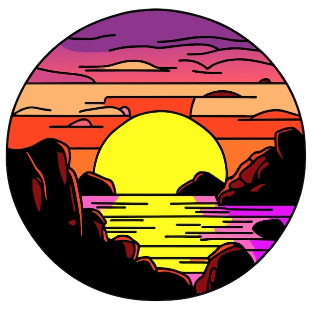 Vector sunset in beautiful beach with rocks vector illustration