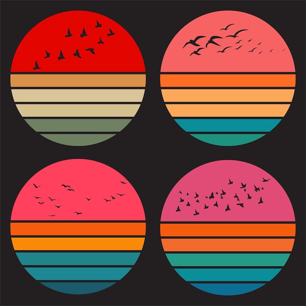 Sunset Birds Soaring through Retro Vintage Striped Circle vector illustration