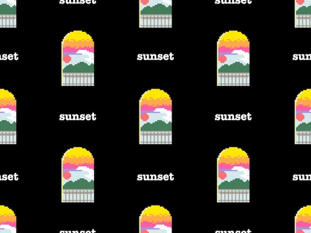 Sunset cartoon character seamless pattern on black background.  Pixel style