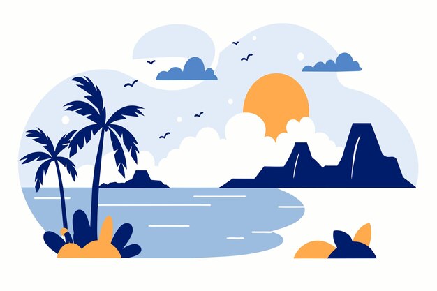 Vector a sunset casts warm colors over a peaceful tropical beach scene