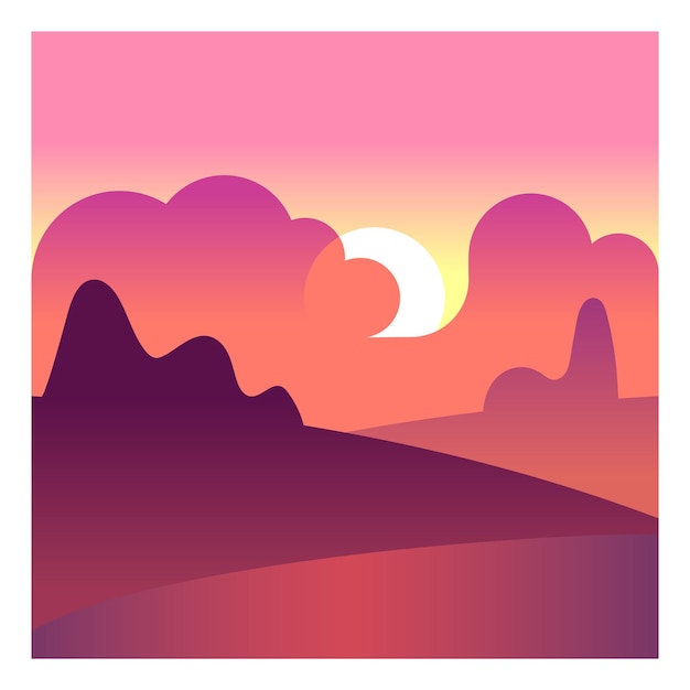 Sunset in countryside. Cloud sky landscape in modern gradient style. Vector illustration