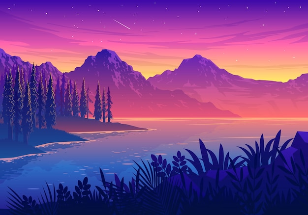 Sunset Lake Landscape Illustration