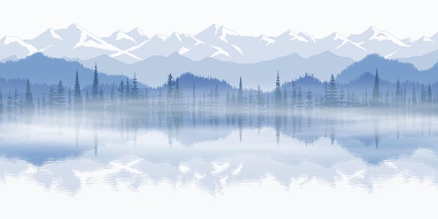 Sunset on the lake picturesque reflection mountain landscape panoramic view of ridges and forest in fog