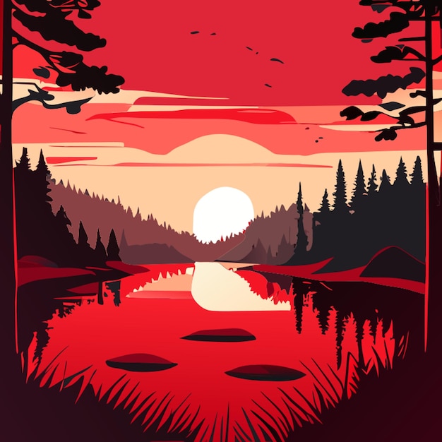 sunset on lake red sky with sun going down the pond surrounded with trees vector illustration