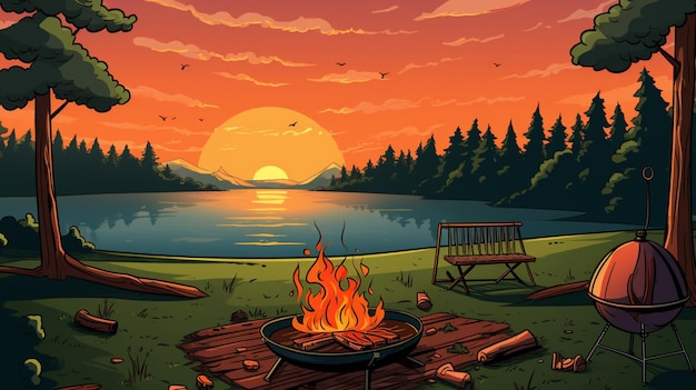 a sunset over a lake with a bench and a campfire