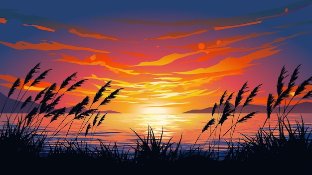 Sunset at a lake with grass in silhouette. Vector landscape background