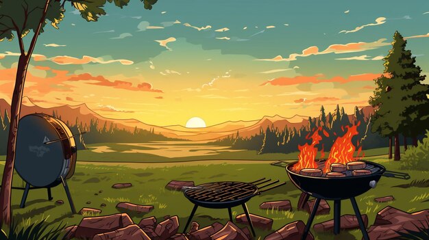 a sunset over a lake with a hotdog and a campfire