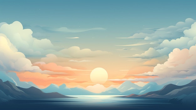 a sunset over a lake with mountains and clouds