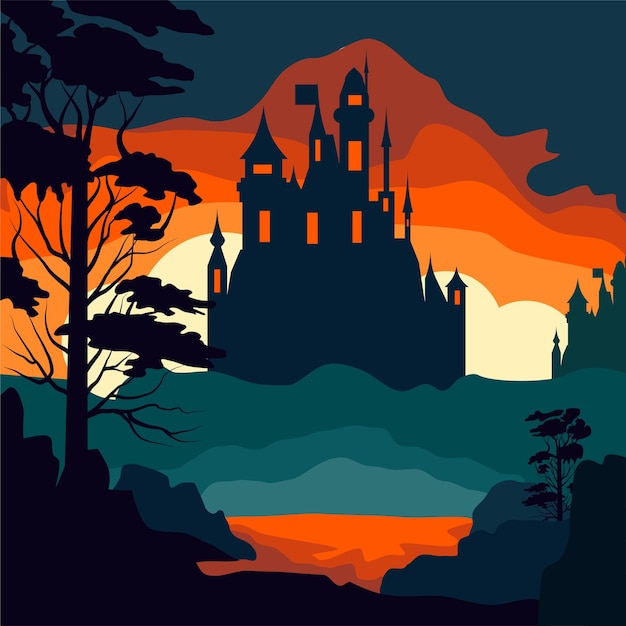 Sunset landscape with castle and mountains flat style