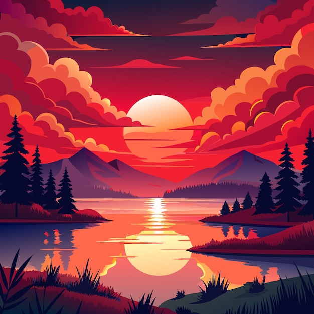 Vector sunset landscape with mountrainred cloudsred lakered skytreesnatural scenery and sunrise