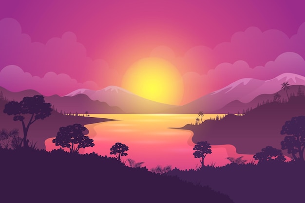 Sunset Landscape with silhouettes of mountains and river background