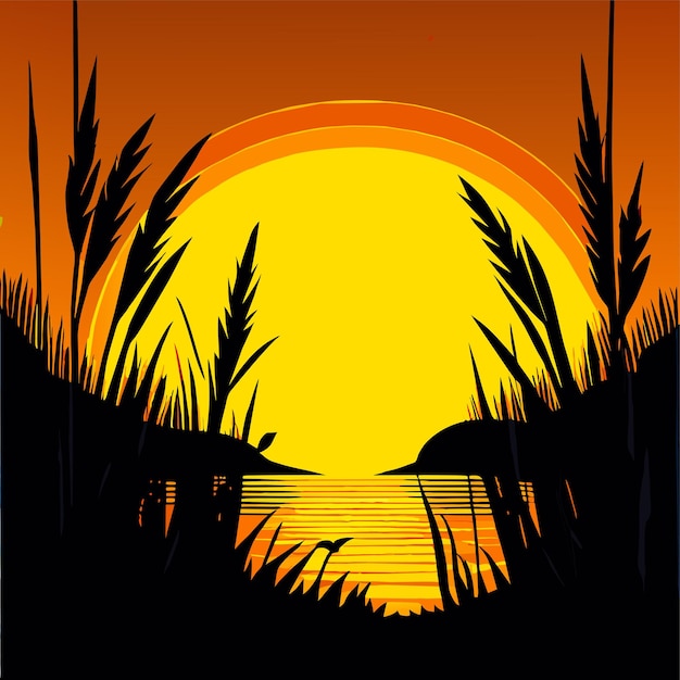 sunset landscape with sunlight through the reeds vector illustration