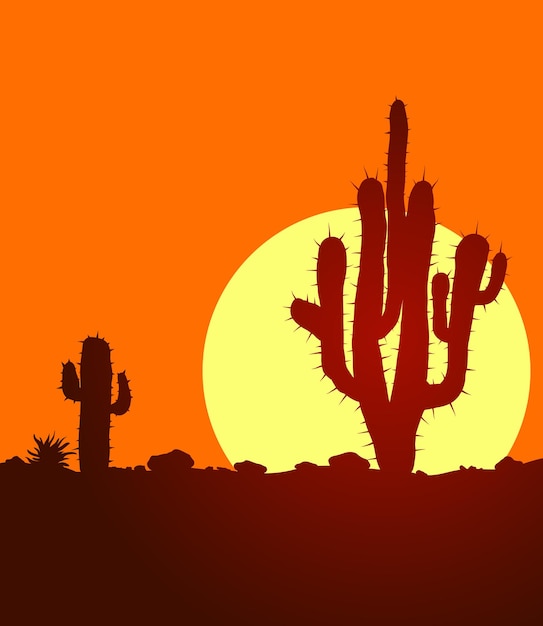 Sunset in lifless stone desert with cactuses Vector landscape with huge warm sun in desert