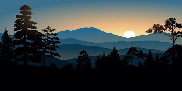 Sunset in mountain forest with trees in silhouette