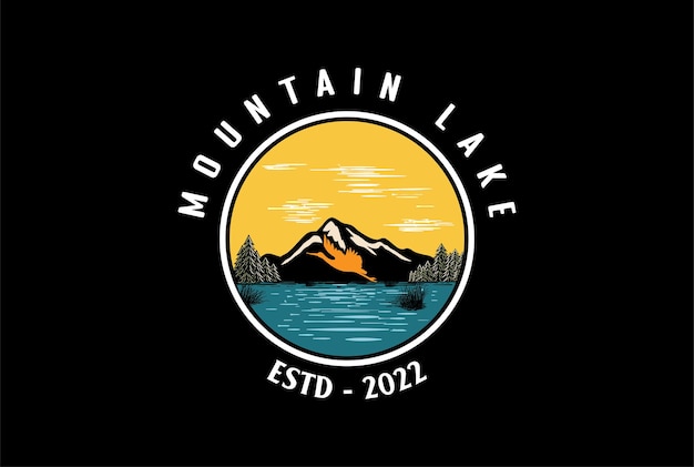 Sunset Mountain Pine Evergreen Conifer Fir Trees Forest with Lake River Creek and Flying Stork Heron Flamingo Logo Design