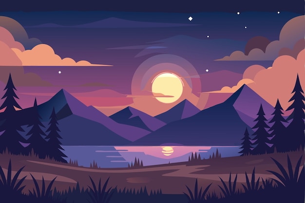 Vector sunset over a mountain range and a lake