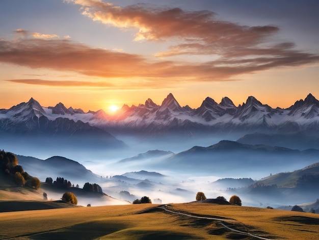 a sunset over a mountain valley with the sun setting behind the mountains