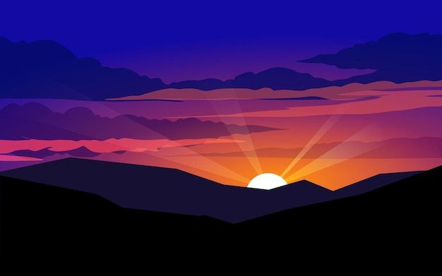 Sunset over mountain vector landscape with vibrant sky