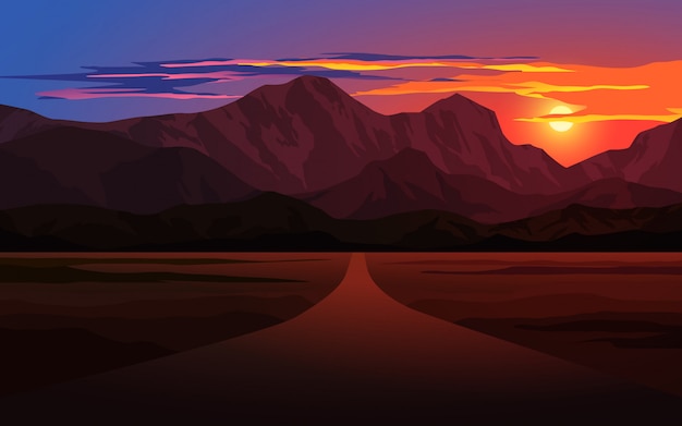 Sunset over mountain with road