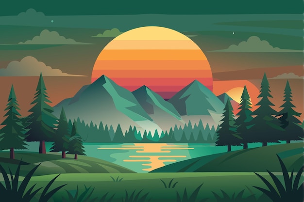 Vector sunset over mountains and a lake in a green forest