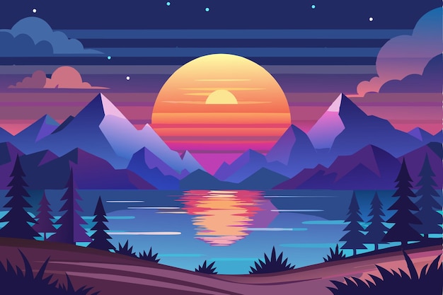 Vector sunset over mountains and lake with stars