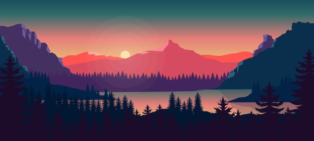 Sunset mountains landscape background colorful gradation sky flat mountain background