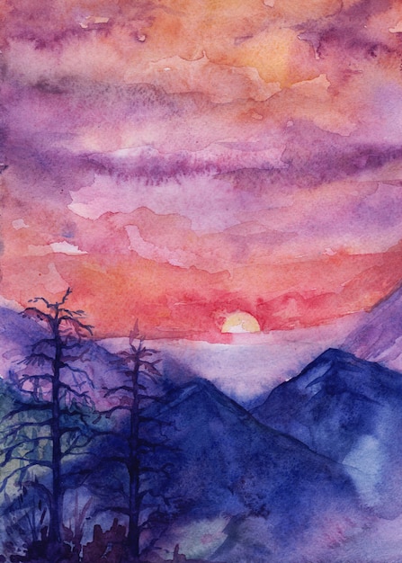 Sunset in the mountains, watercolor illustration