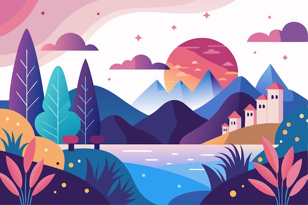 Vector sunset over mountains with lake trees and a village