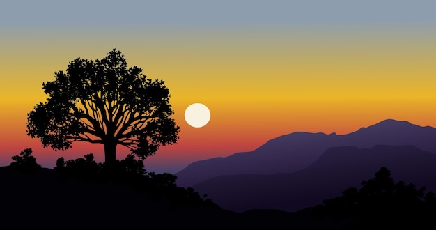 Sunset in the mountains with trees in silhouette. Vector landscape illustration