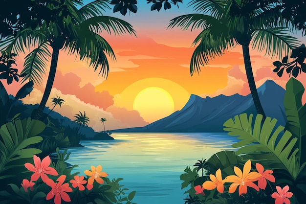 Vector sunset over ocean with palm trees