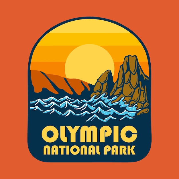 SUNSET ON OLYMPIC NATIONAL PARK BADGE LOGO DESIGN VECTOR ILLUSTRATION