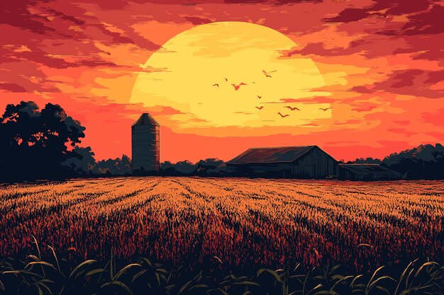 Vector a sunset scene over farmland illustration