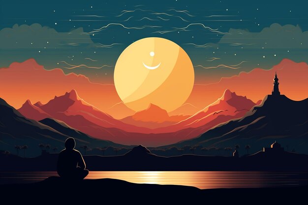 Vector sunset scene with kafir at prayer