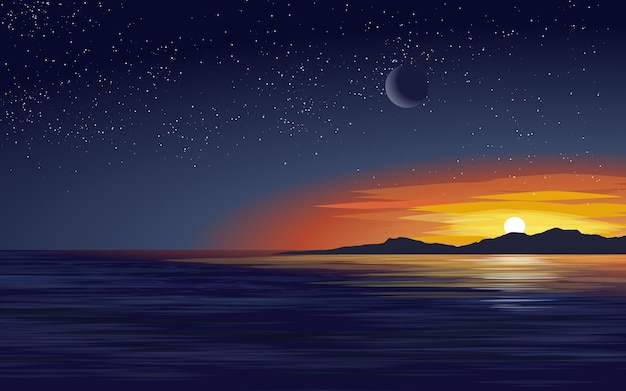 Sunset scenery over ocean with island moon and stars