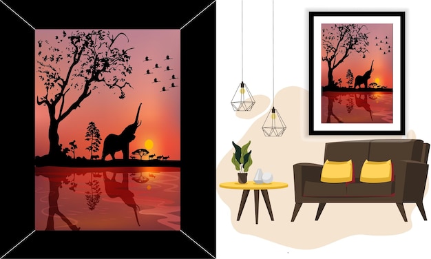 sunset Sea landscape with digital art style Wall Art and Posters Vector design