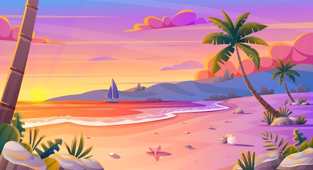 Sunset or sunrise on the beach landscape with beautiful pink sky and sun reflection over the water