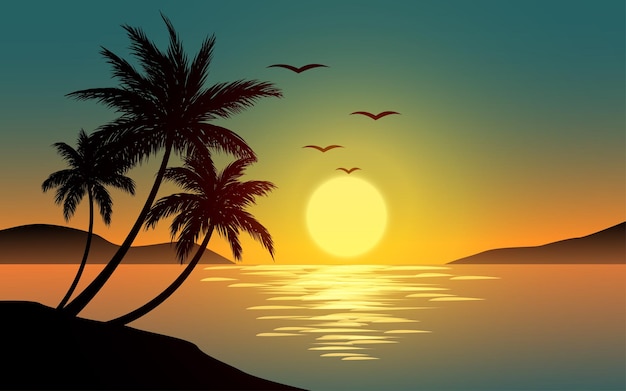 Sunset or sunrise landscape with palm trees in silhouette