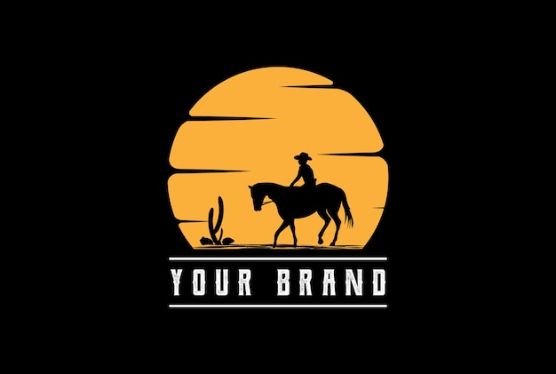 Sunset Sunrise or Moon with Female Woman Cowboy Riding Horse Silhouette Logo Design Vector