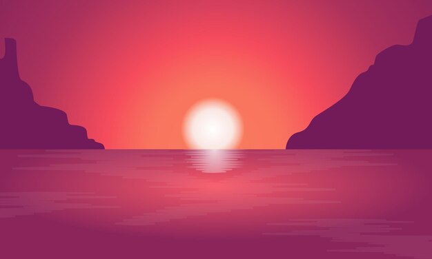 Vector sunset or sunrise panoramic beach view vector illustration sea beach and sun ocean sunrise palms