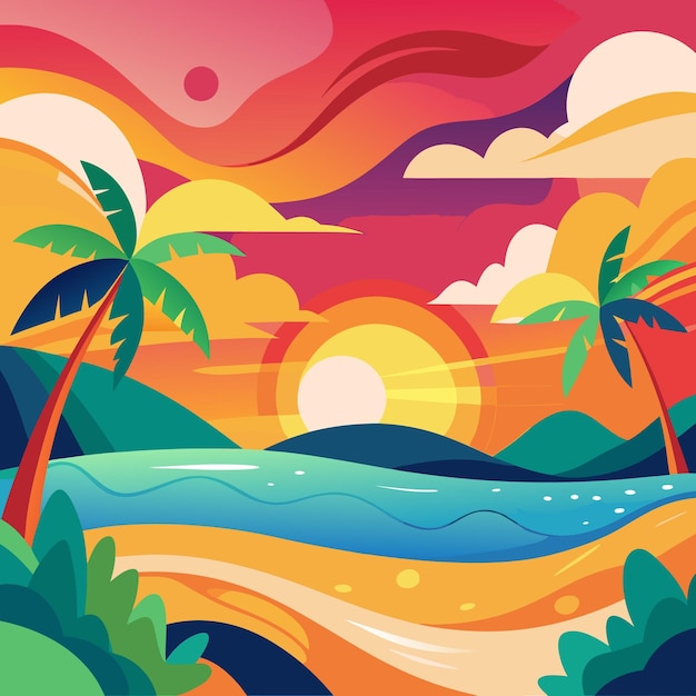 Vector sunset tropical beach illustration