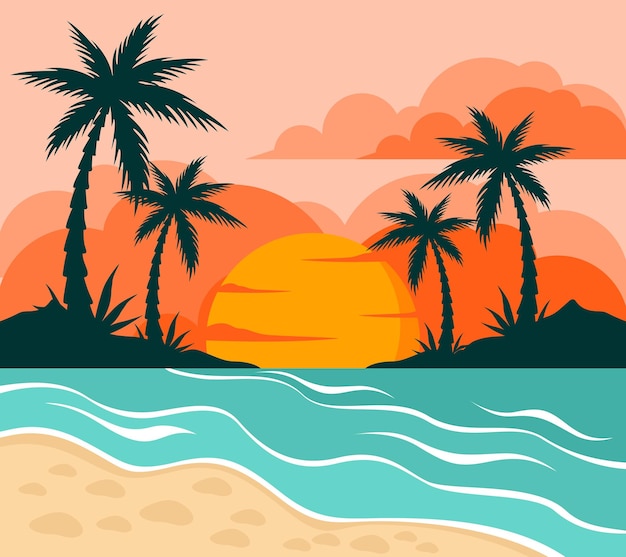 sunset view on the beach with palm vector background