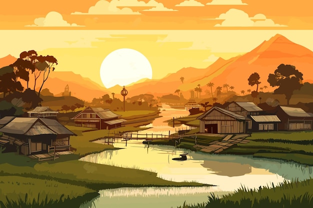 a sunset over a village with mountains in the background.