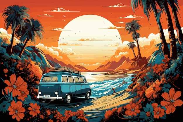 Sunset vintage retro style beach surf poster vector illustration art design