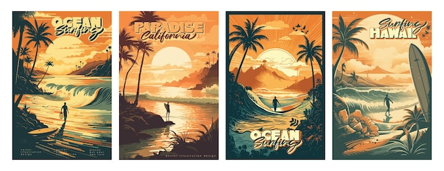 Sunset vintage retro style beach surf poster vector illustration